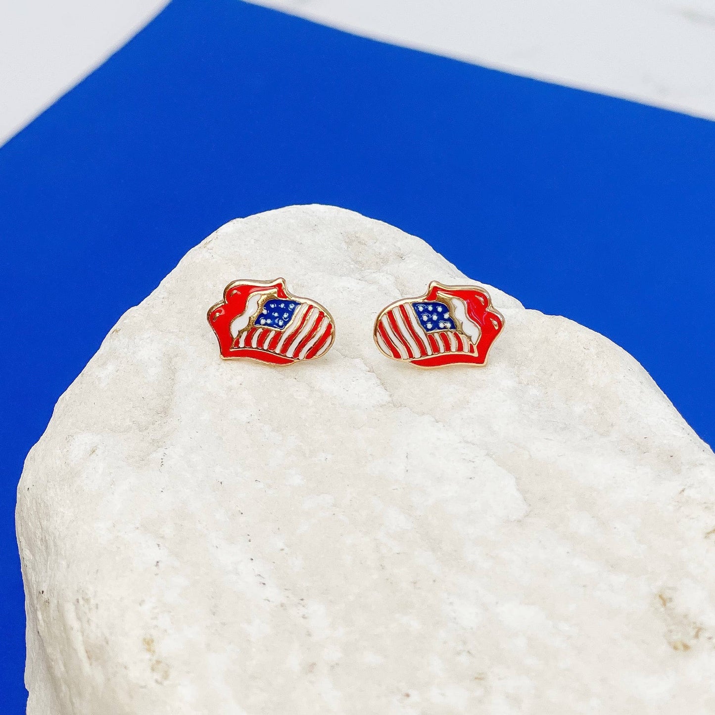 Prep Obsessed Wholesale - Red White & Blue Lips Enamel Stud Earrings
