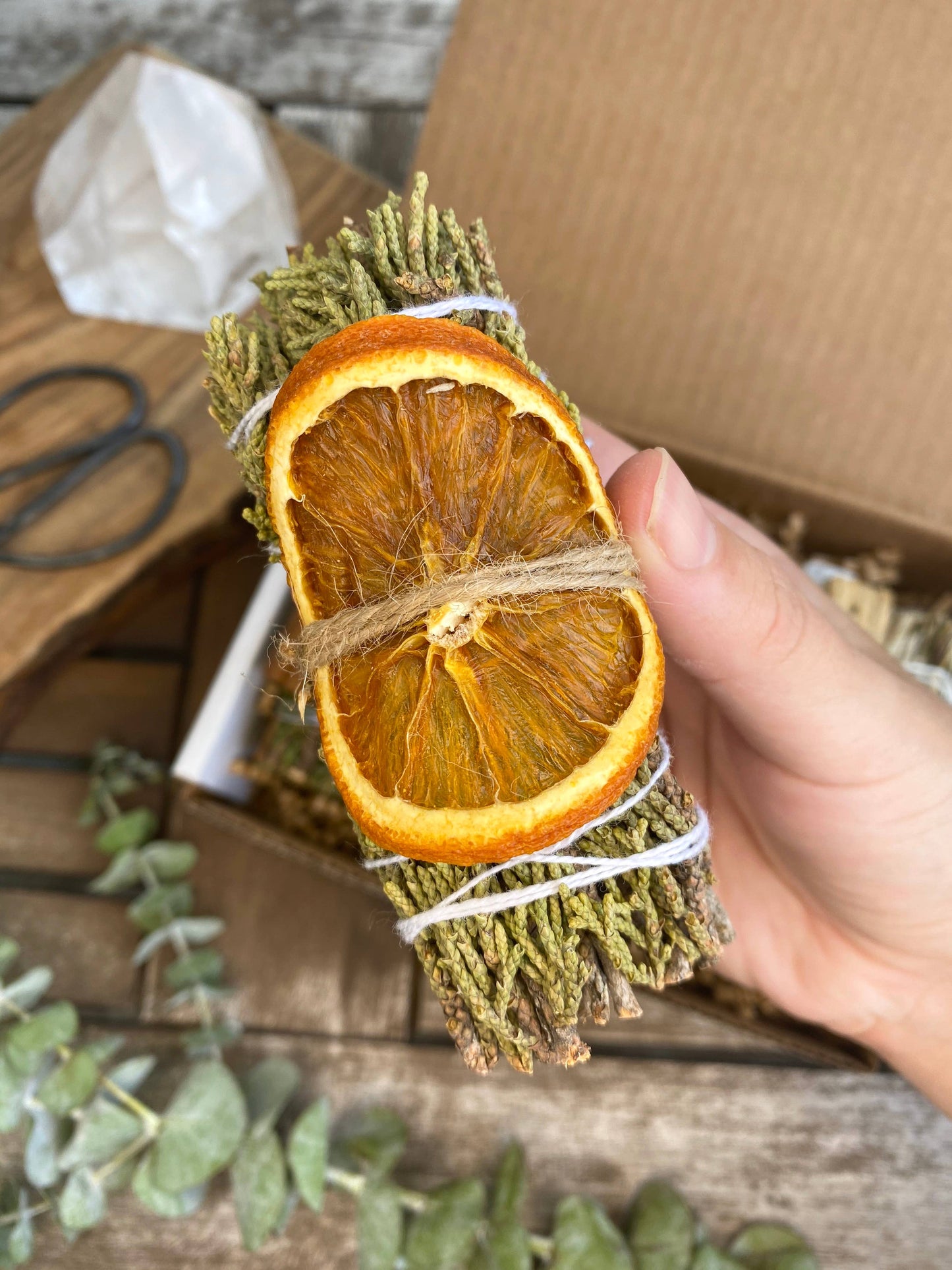 Larks and Leo - Juniper Sage Stick with Dried Orange, Smudge Kit, Fall Decor