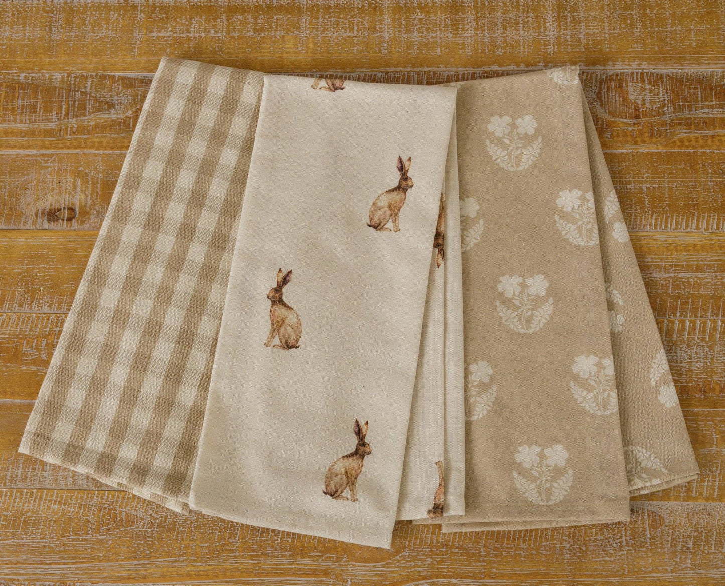 Audrey's - Tea Towels - Rabbit And Tan And Linen Check (PK/3 AST)