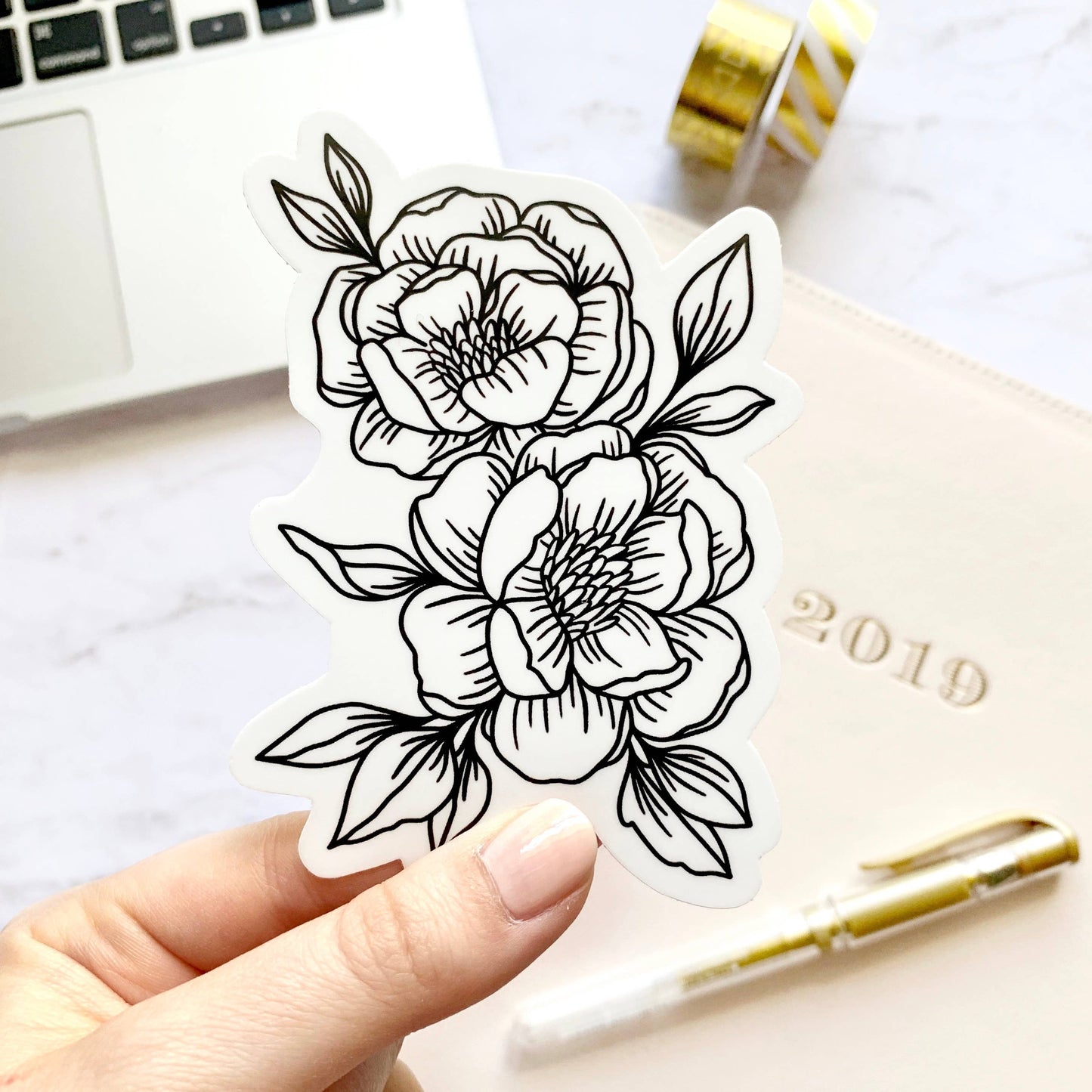 Elyse Breanne Design - Line Drawn Peonies Sticker 4x3in