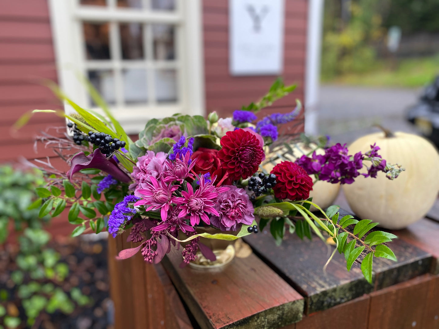 Moody Fall Gold Compote Arrangement