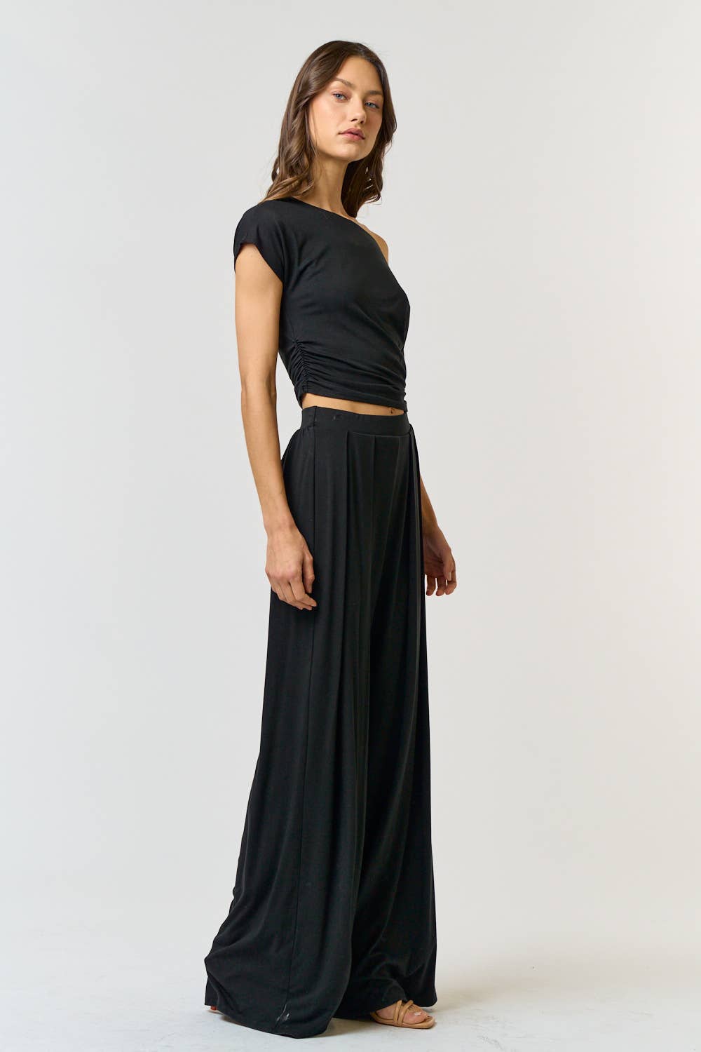 Lalavon - Boat Neck Ruched Top and Wide Leg Pant Set - Black