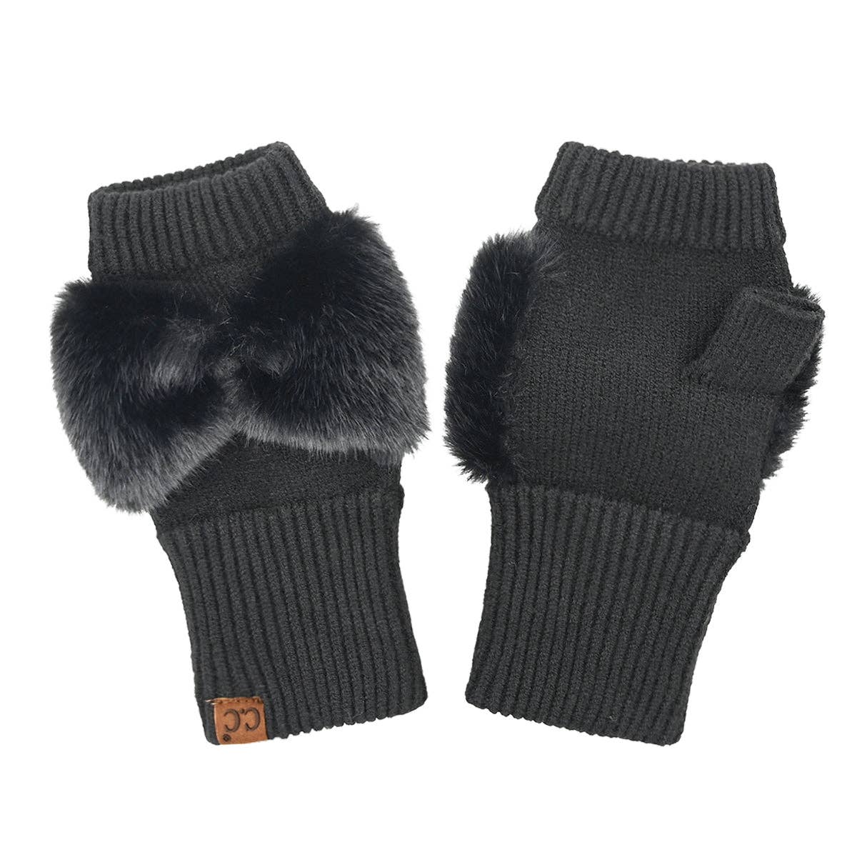 C.C Beanie - Faux Fur Bow Fingerless C.C Gloves - Black