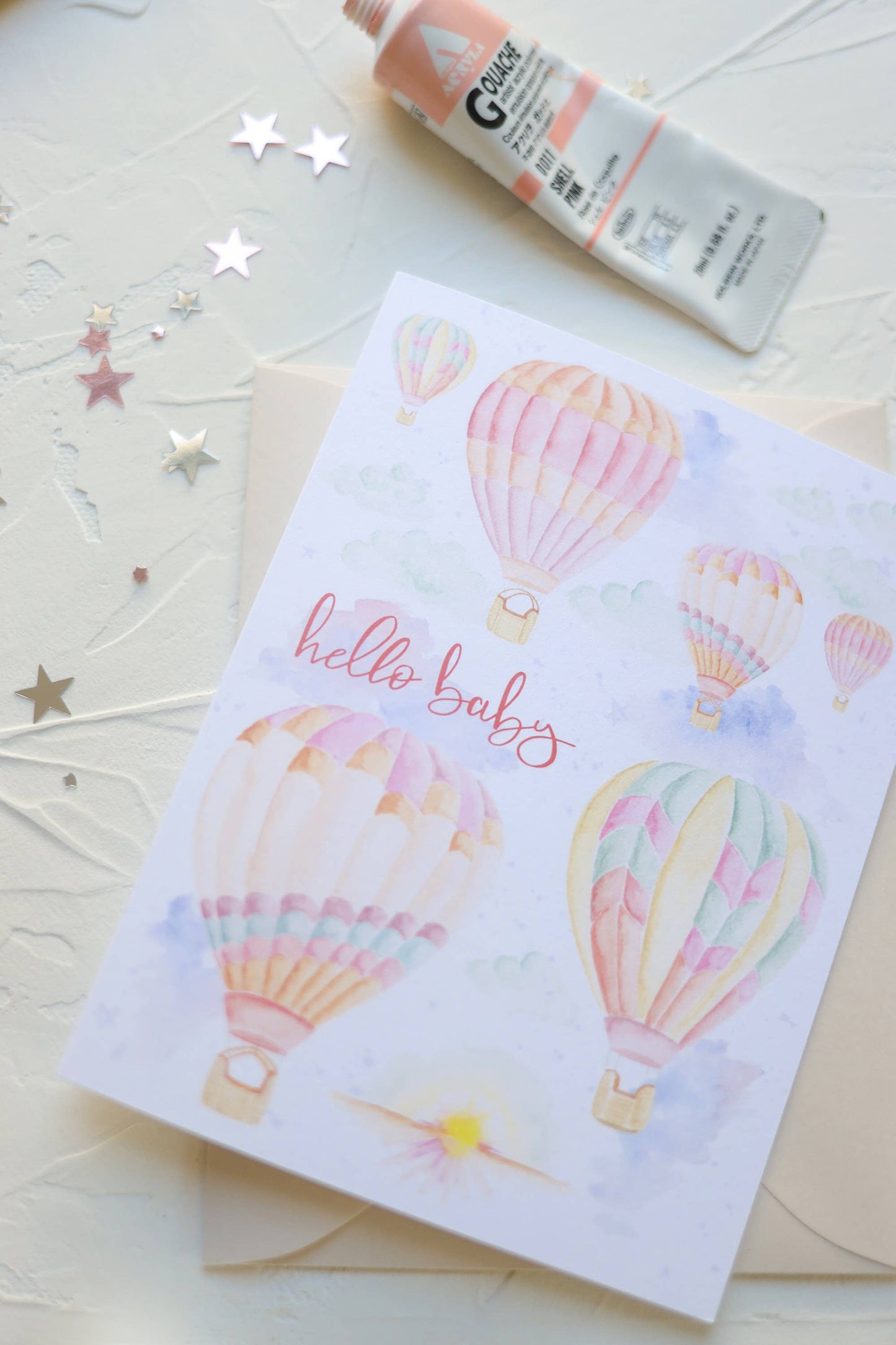 Stephanie Tara Stationery - Hello Baby Hot Air Balloons Greeting Card