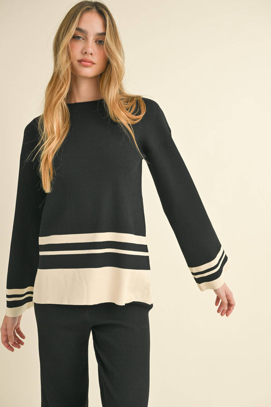 Miou Muse - Border Striped Knitted Long Sleeve Top