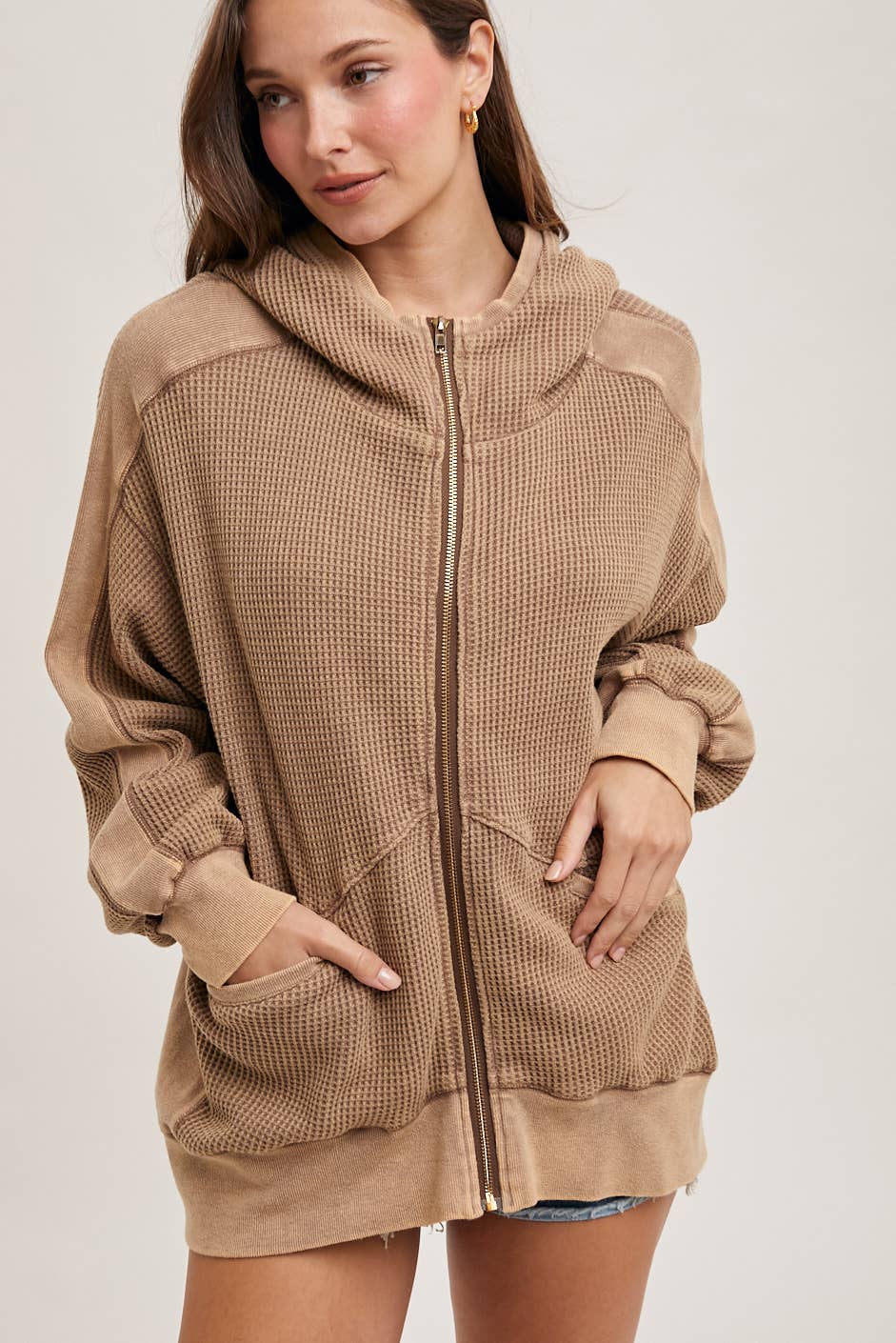 Bluivy - Thermal Waffle Knit Zipper Front Hooded Jacket - Latte