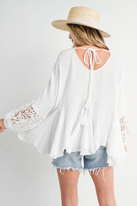 Bluivy - Crochet Trimmed Sleeve Drawstring Back Top - Ivory