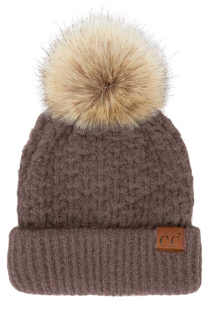Hana - C.C Smocking Stitch Pattern Cuff Beanie with Pom Winter Hat