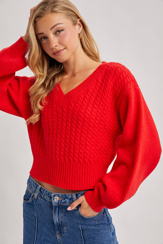 Bluivy - CROPPED V-NECK CABLE KNIT SWEATER
