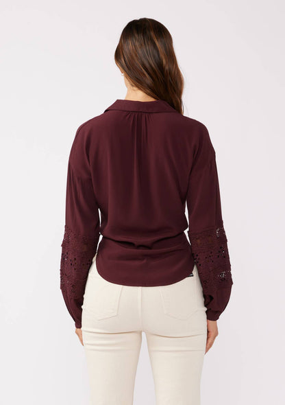 Lovestitch - Embroidered Long Sleeve Tie-Front Blouse - Merlot