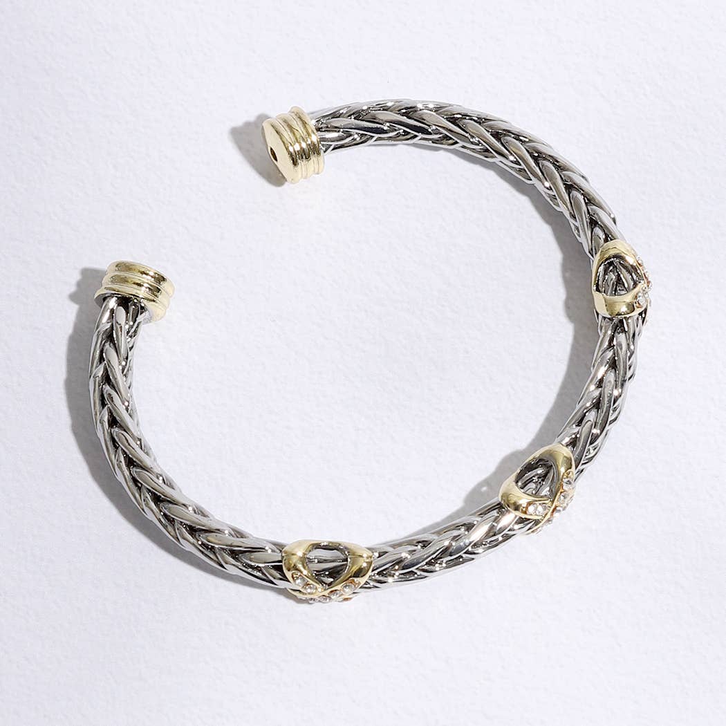 Fashion City - Three CZ X Stations Braided Bangle Bracelet