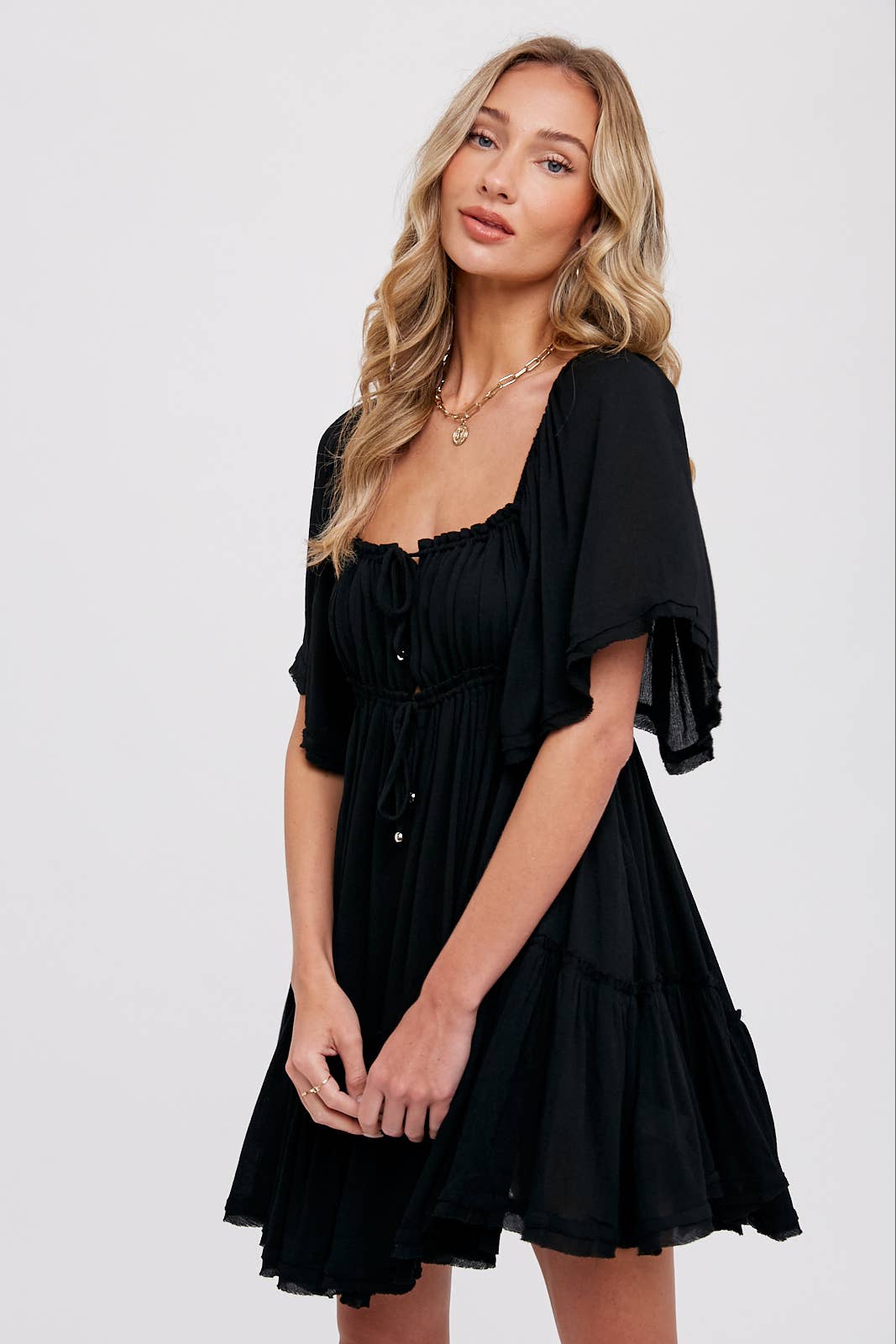 Bluivy - Ruffled Hem Ruched Mini Dress - Black