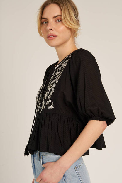 En Crème - Puff Sleeve Peplum Top with Embroidery Detail