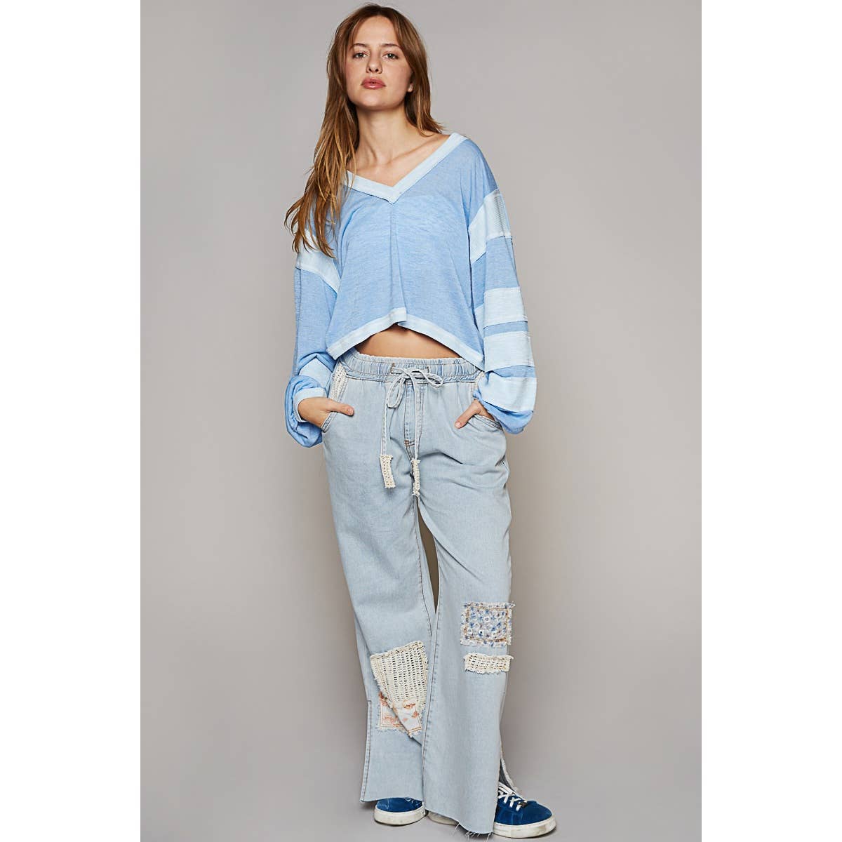 Pol Clothing - Oversize V-Neck Long Sleeve Basic Crop - Blue