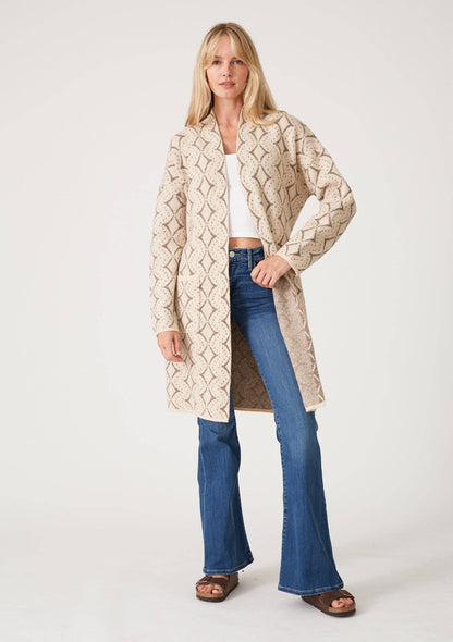 Lovestitch - Western Diamond Jacquard Belted Cardigan - Natural/Taupe