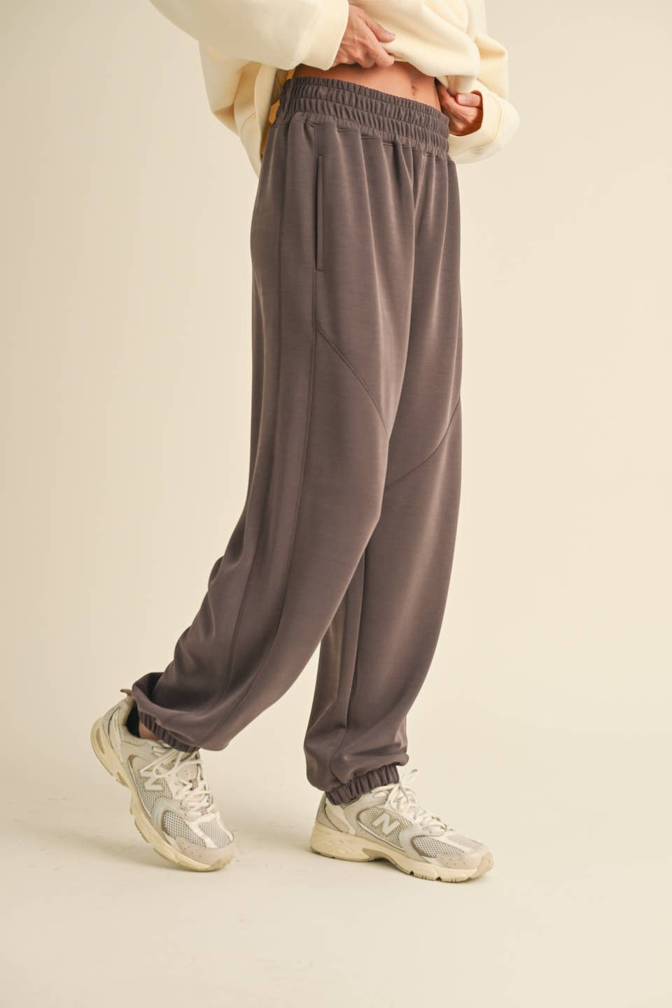 KIMBERLY C - Super Soft Air Scuba Low Rise Jogger Pants - Taupe