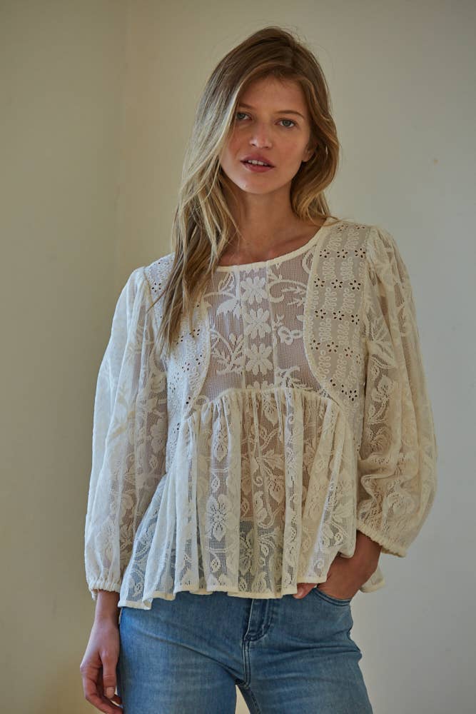 By Together - Woven Cotton Long Sleeve Open Back Lace Top