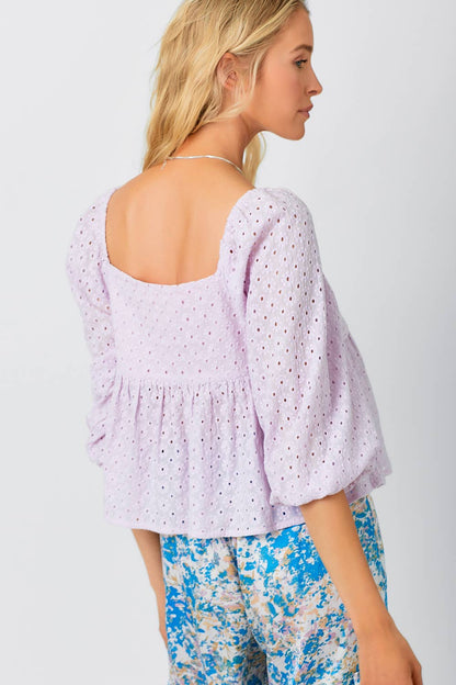 Mystree - Crochet Lace Puff Sleeve Top - Lavender