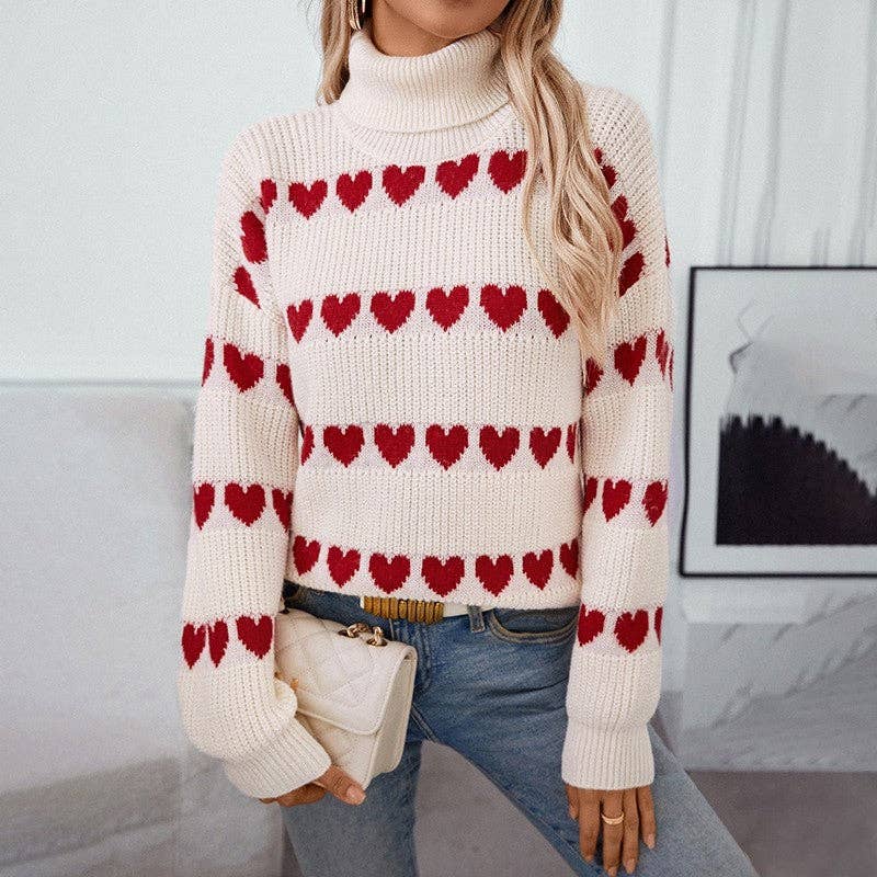 Sheer Trend - Loose Fit Heart Patterned Turtleneck Sweater