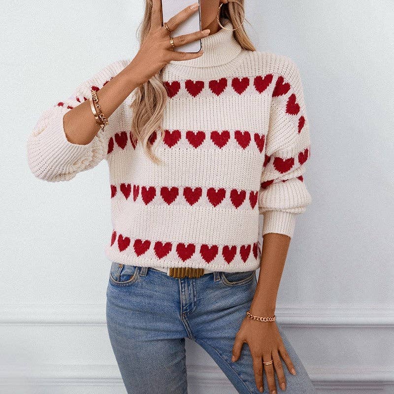 Sheer Trend - Loose Fit Heart Patterned Turtleneck Sweater