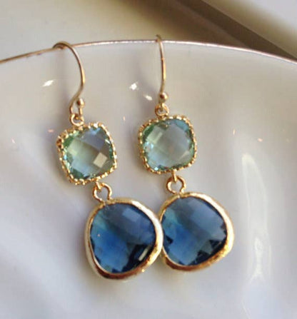 Laalee Jewelry - Sapphire Navy Prasiolite Glass Gold Plated Earrings