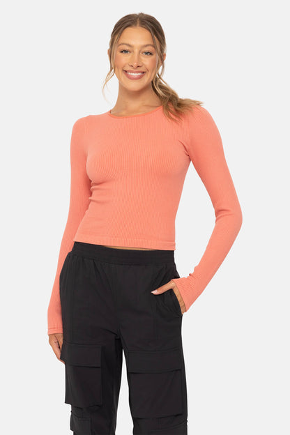 Mono B - Seamless Ribbed Long Sleeve Top - Red Clay