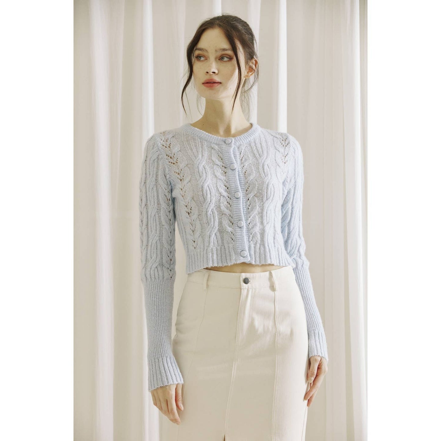 STORIA - Monochromatic Light Cable Knit Cardi - Baby Blue