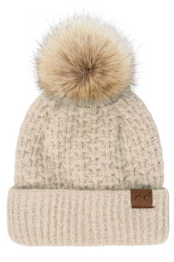 Hana - C.C Smocking Stitch Pattern Cuff Beanie with Pom Winter Hat