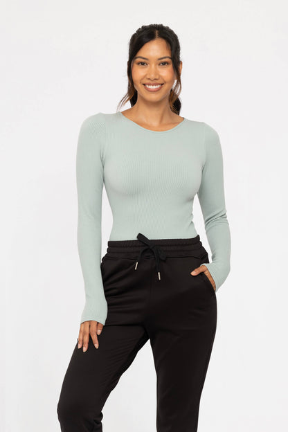 Mono B - Seamless Ribbed Long Sleeve Top - Vintage Blue