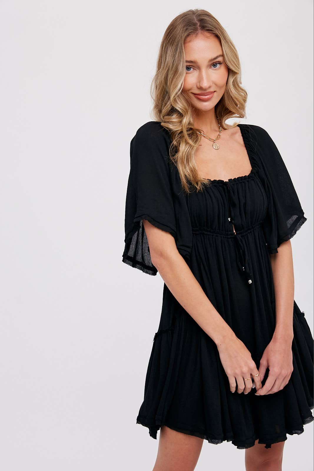 Bluivy - Ruffled Hem Ruched Mini Dress - Black