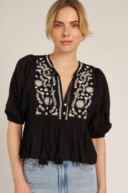 En Crème - Puff Sleeve Peplum Top with Embroidery Detail