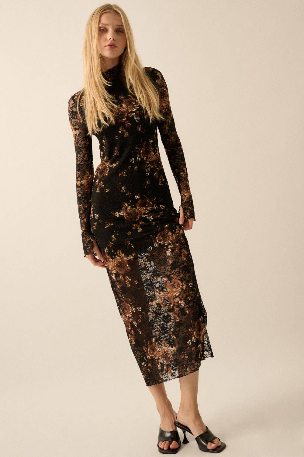 Promesa USA - Floral-Print Lace Mock-Neck Long-Sleeve Midi Dress