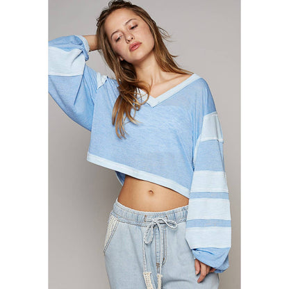 Pol Clothing - Oversize V-Neck Long Sleeve Basic Crop - Blue