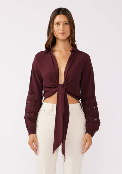 Lovestitch - Embroidered Long Sleeve Tie-Front Blouse - Merlot