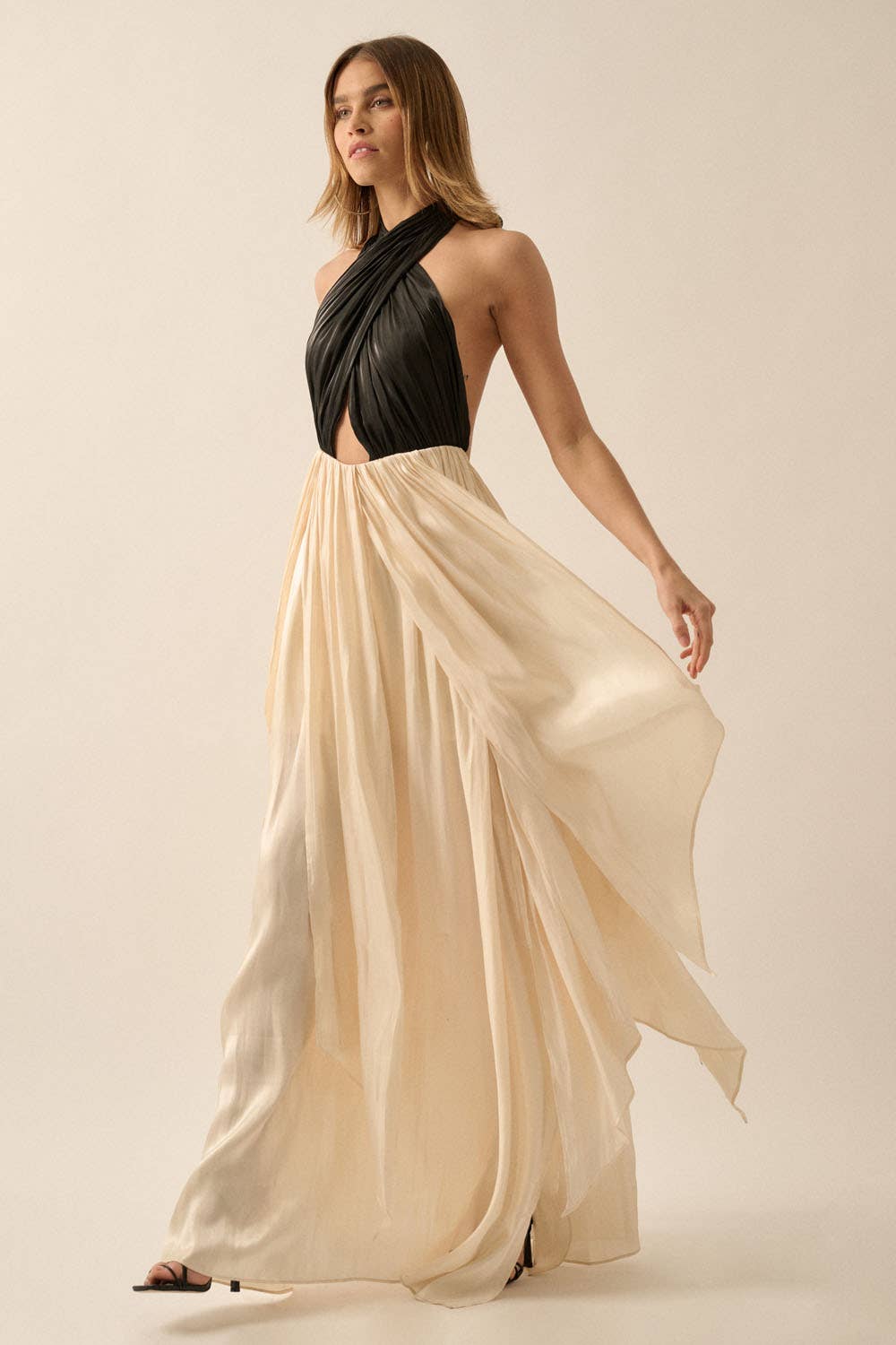 Promesa USA - Layered Satin Crisscross Halter Maxi Dress