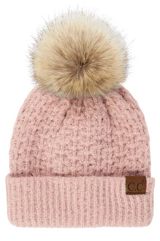 Hana - C.C Smocking Stitch Pattern Cuff Beanie with Pom Winter Hat