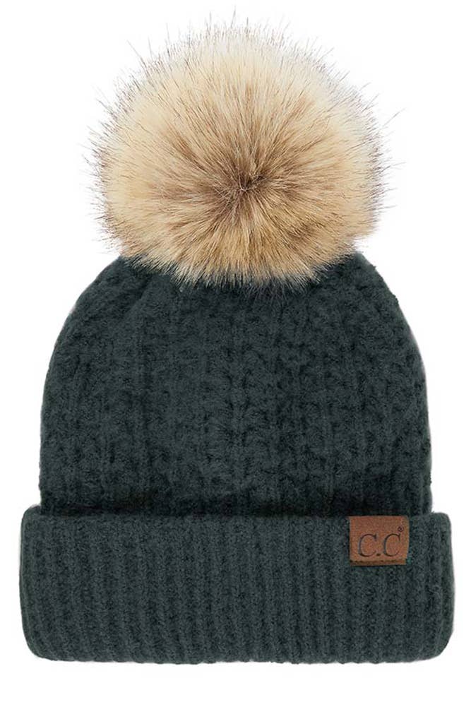Hana - C.C Smocking Stitch Pattern Cuff Beanie with Pom Winter Hat