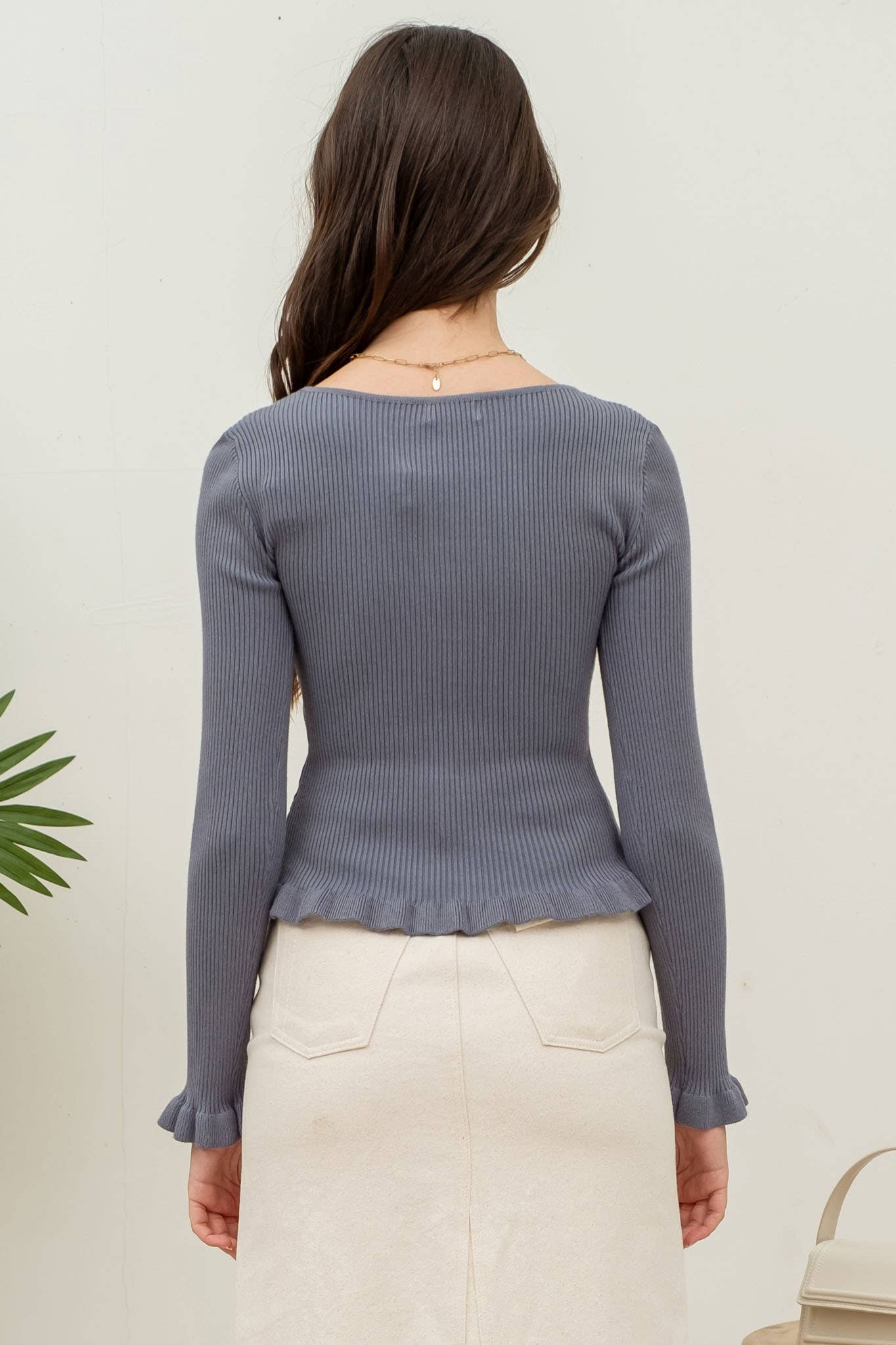 The Workshop Studio - Lettuce Hem Long Sleeve Rib Knit Top - Dusty Blue