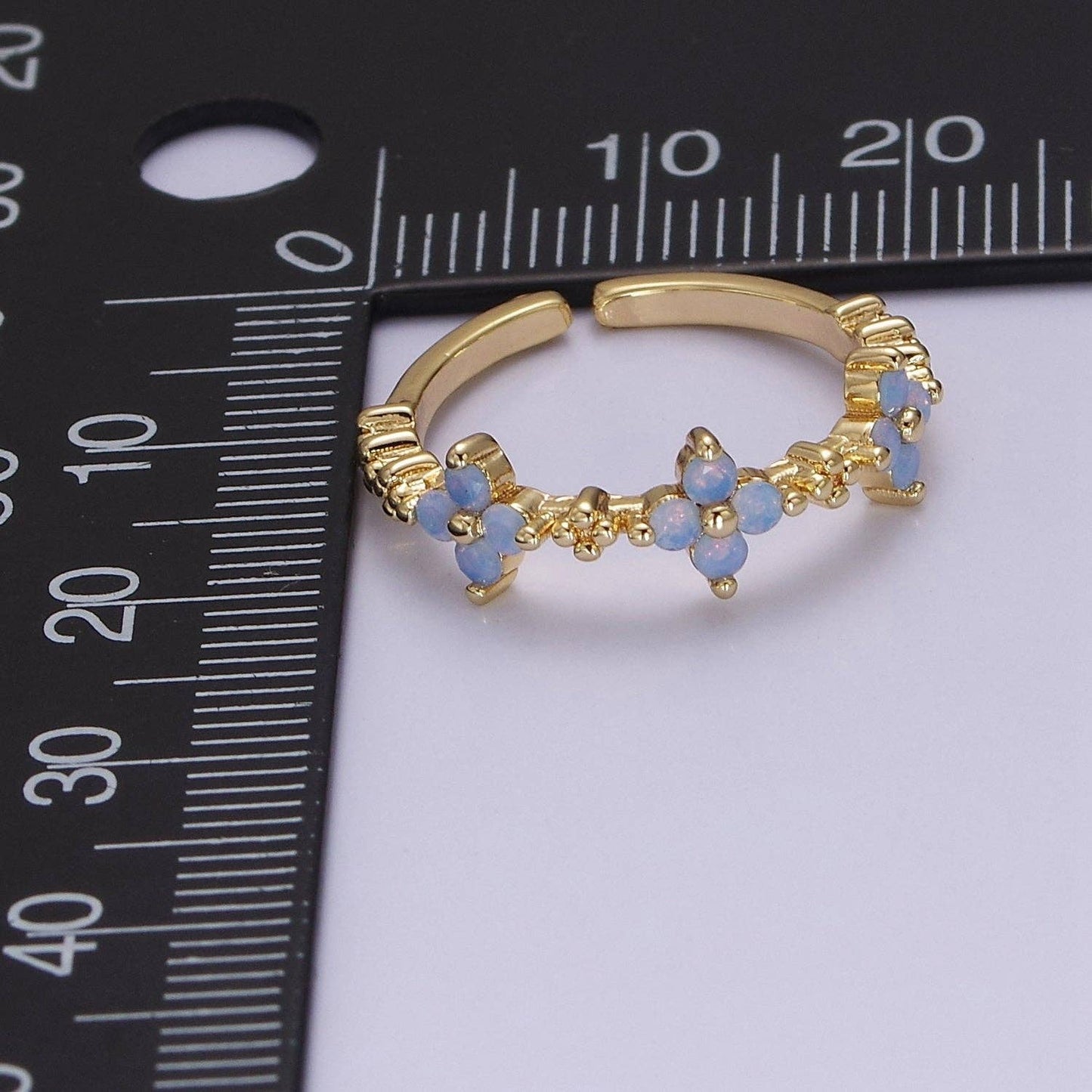 Aim Eternal - Dainty Blue Opal Flower Ring Open Adjustable Gold Filled Band Ring