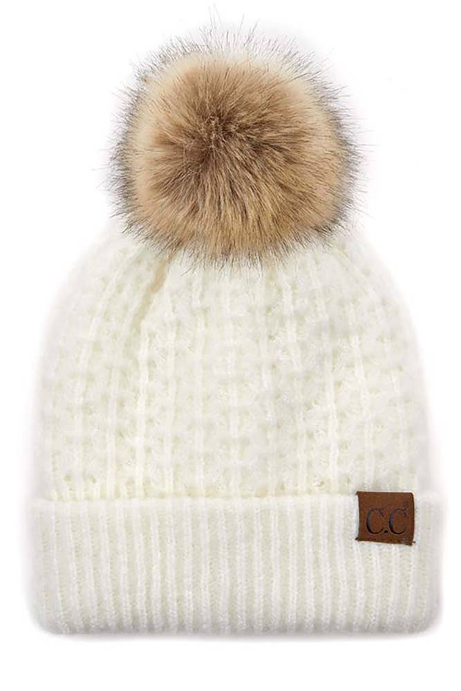 Hana - C.C Smocking Stitch Pattern Cuff Beanie with Pom Winter Hat