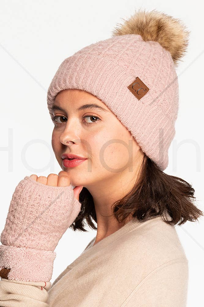 Hana - C.C Smocking Stitch Pattern Cuff Beanie with Pom Winter Hat