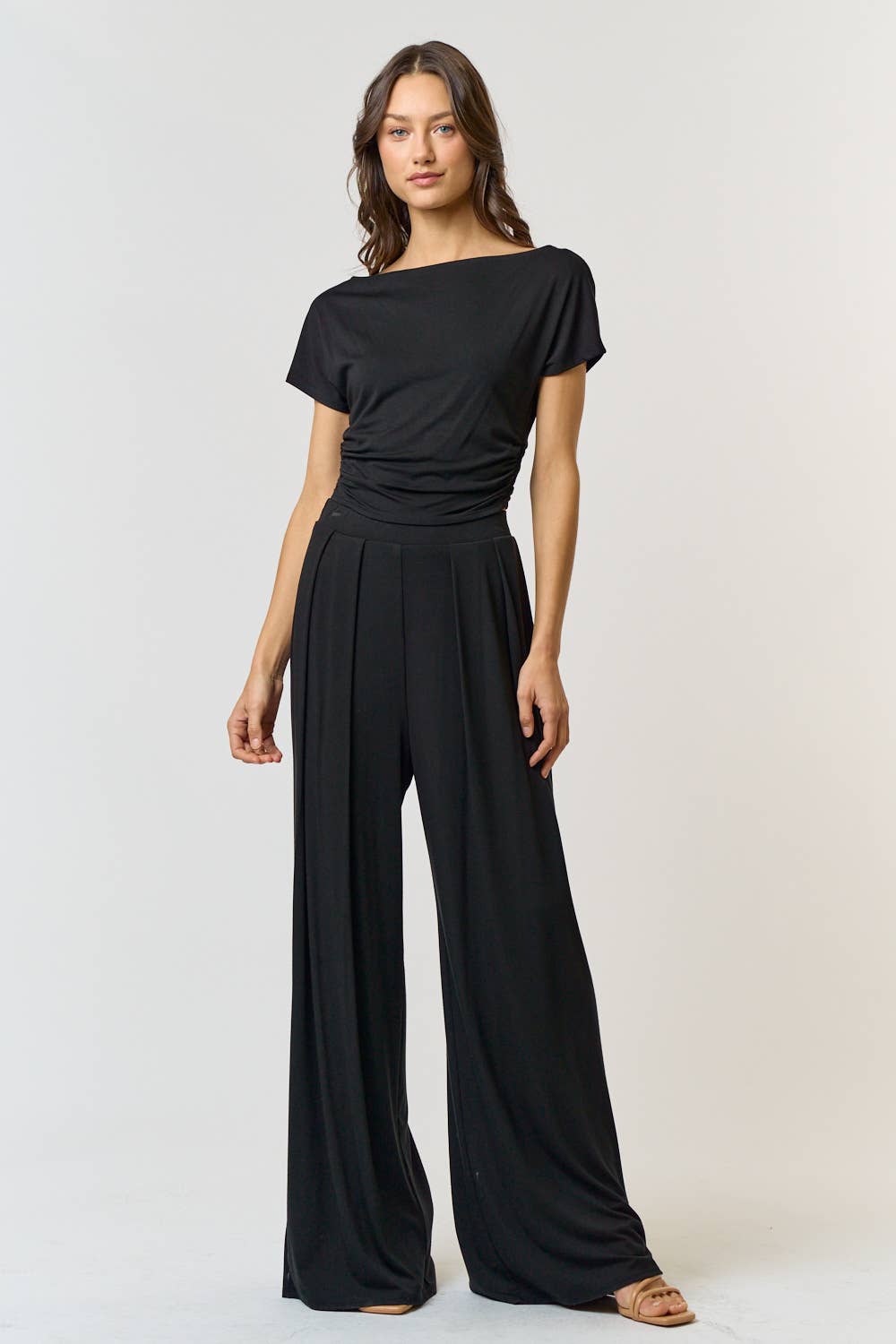 Lalavon - Boat Neck Ruched Top and Wide Leg Pant Set - Black
