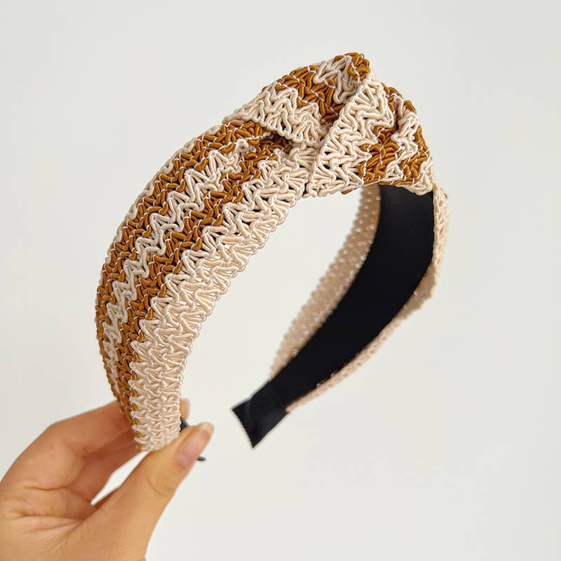 Adorro - Two Tone Woven Straw Wide Knot Headband