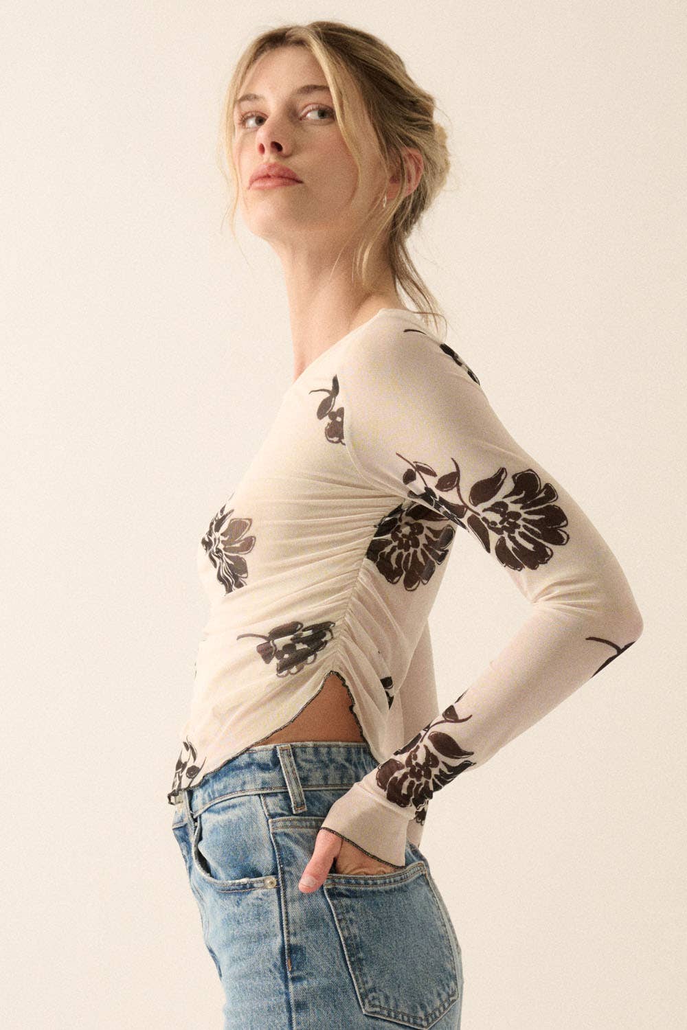 Promesa USA - Floral Mesh Asymmetrical Hem Cropped Knit Top