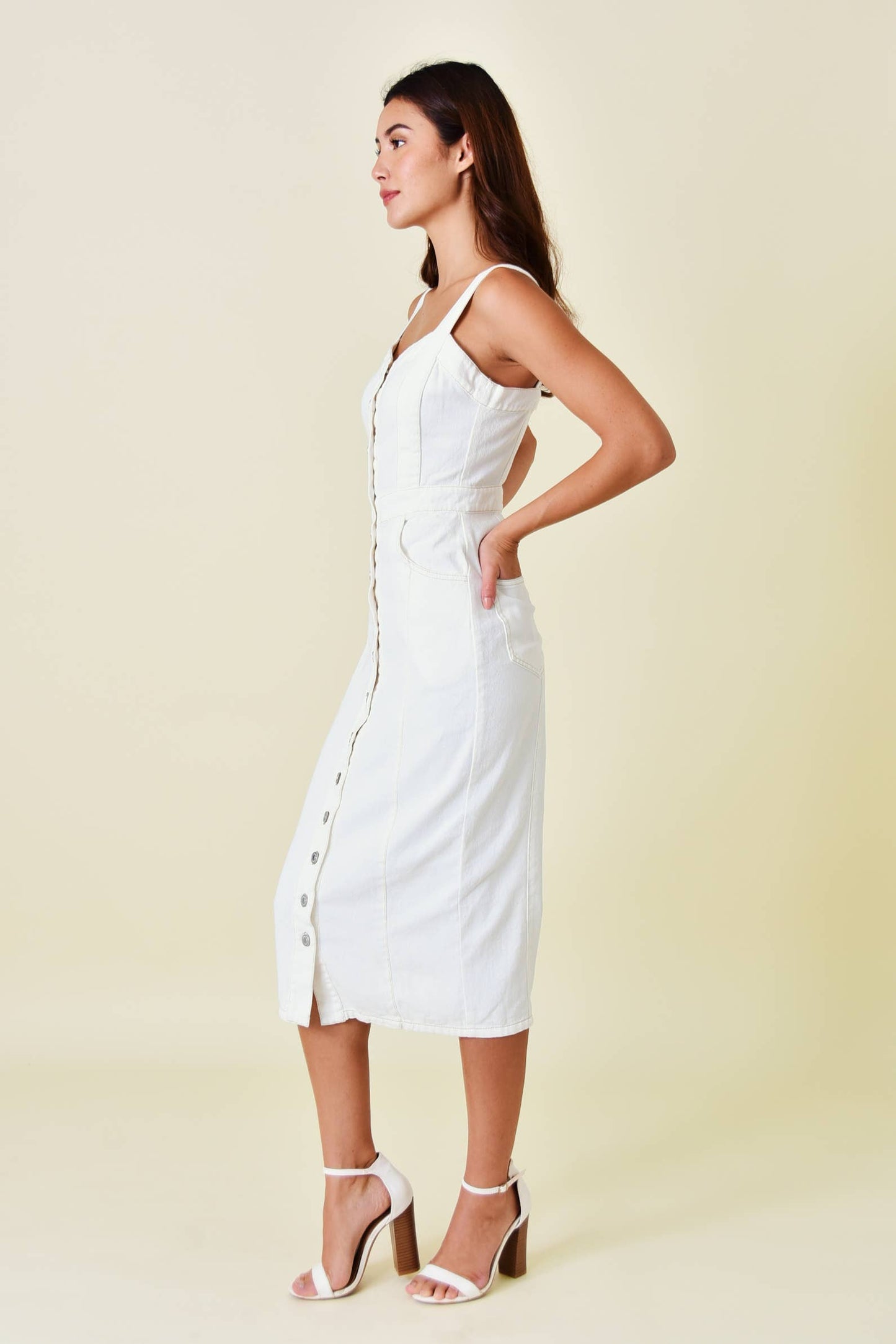 Fore Collection - Sleeveless Buttoned Denim Midi Dress - White