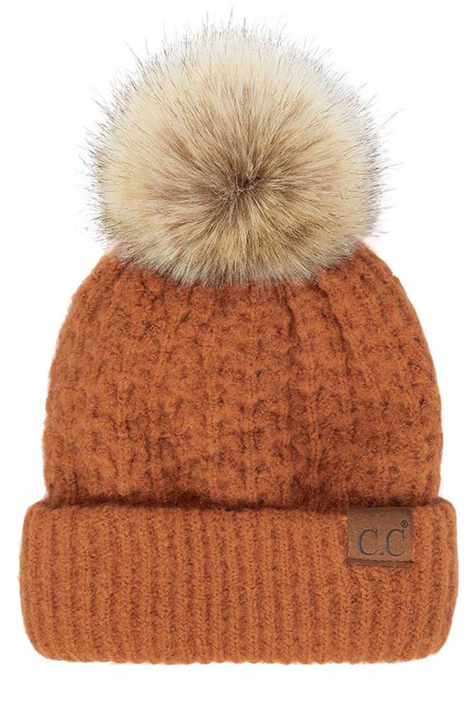 Hana - C.C Smocking Stitch Pattern Cuff Beanie with Pom Winter Hat