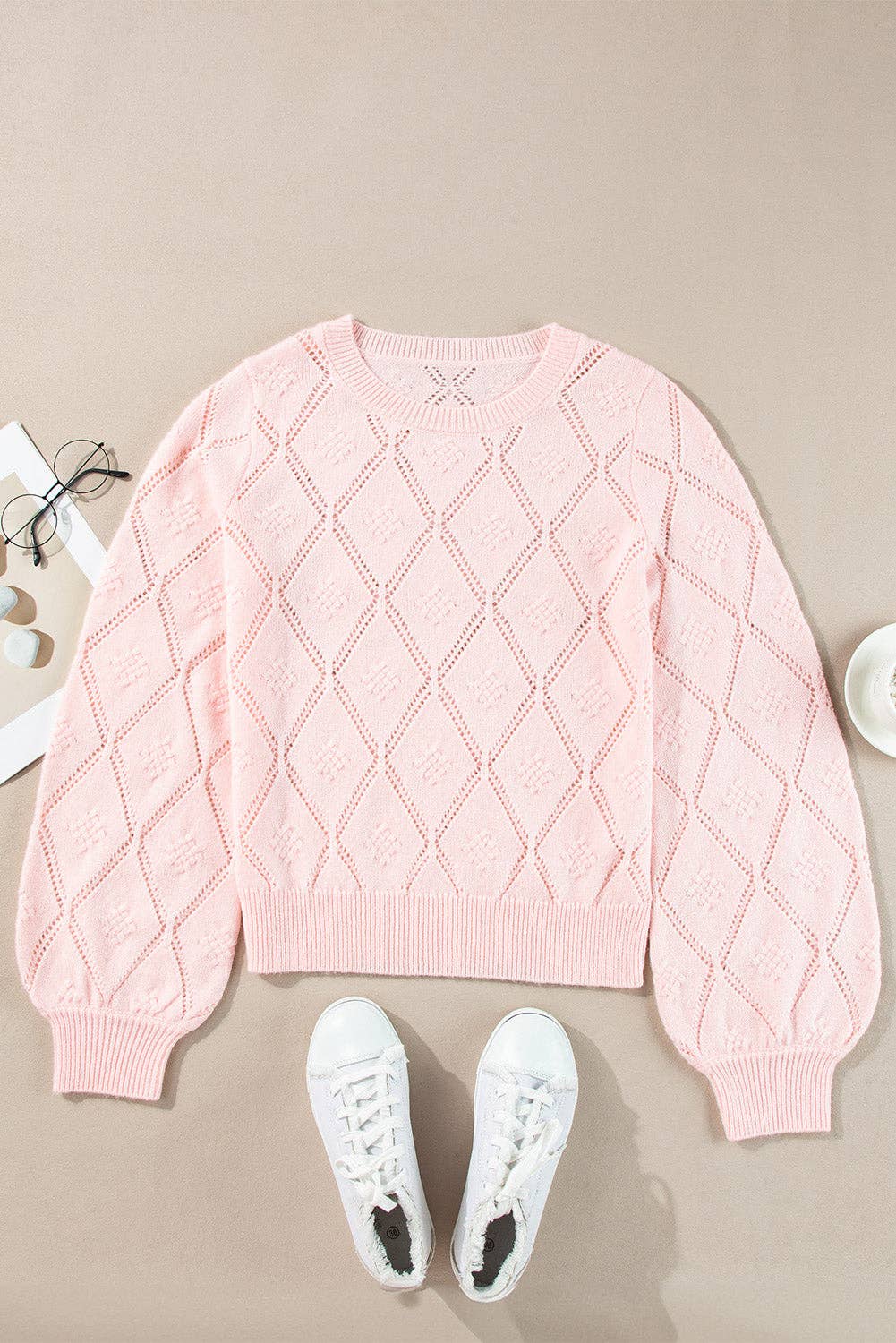 Pretty Bash - Pointelle Knit Puff Sleeve Sweater