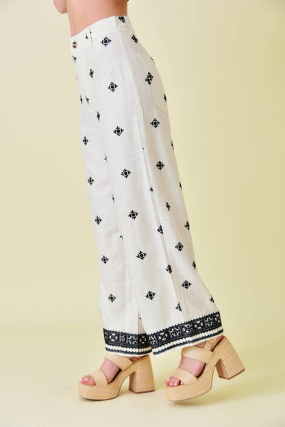 Fore Collection - Boho Chic Straight Leg Embroidered Pants