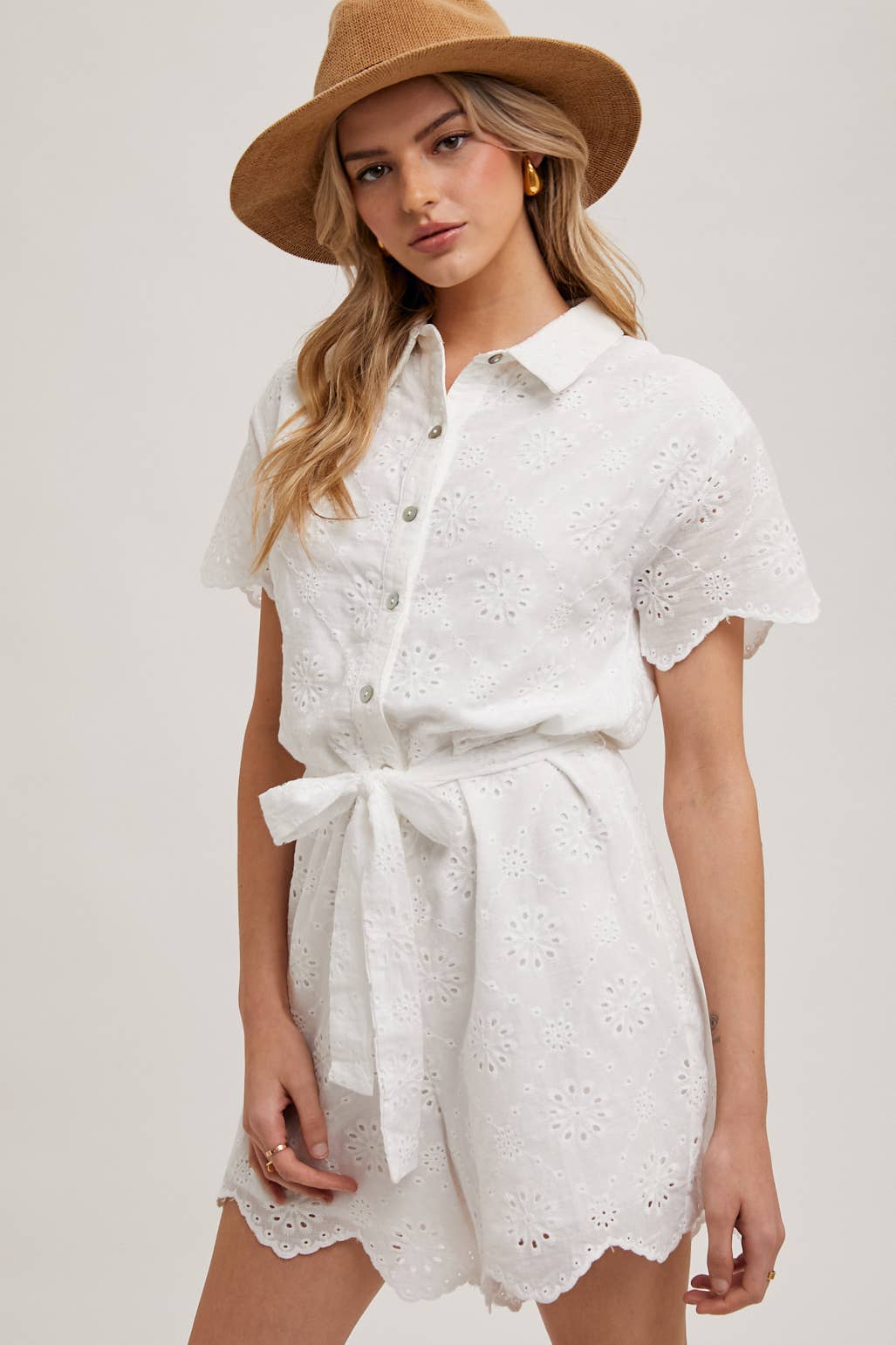 Bluivy - Eyelet Belted Waist Romper