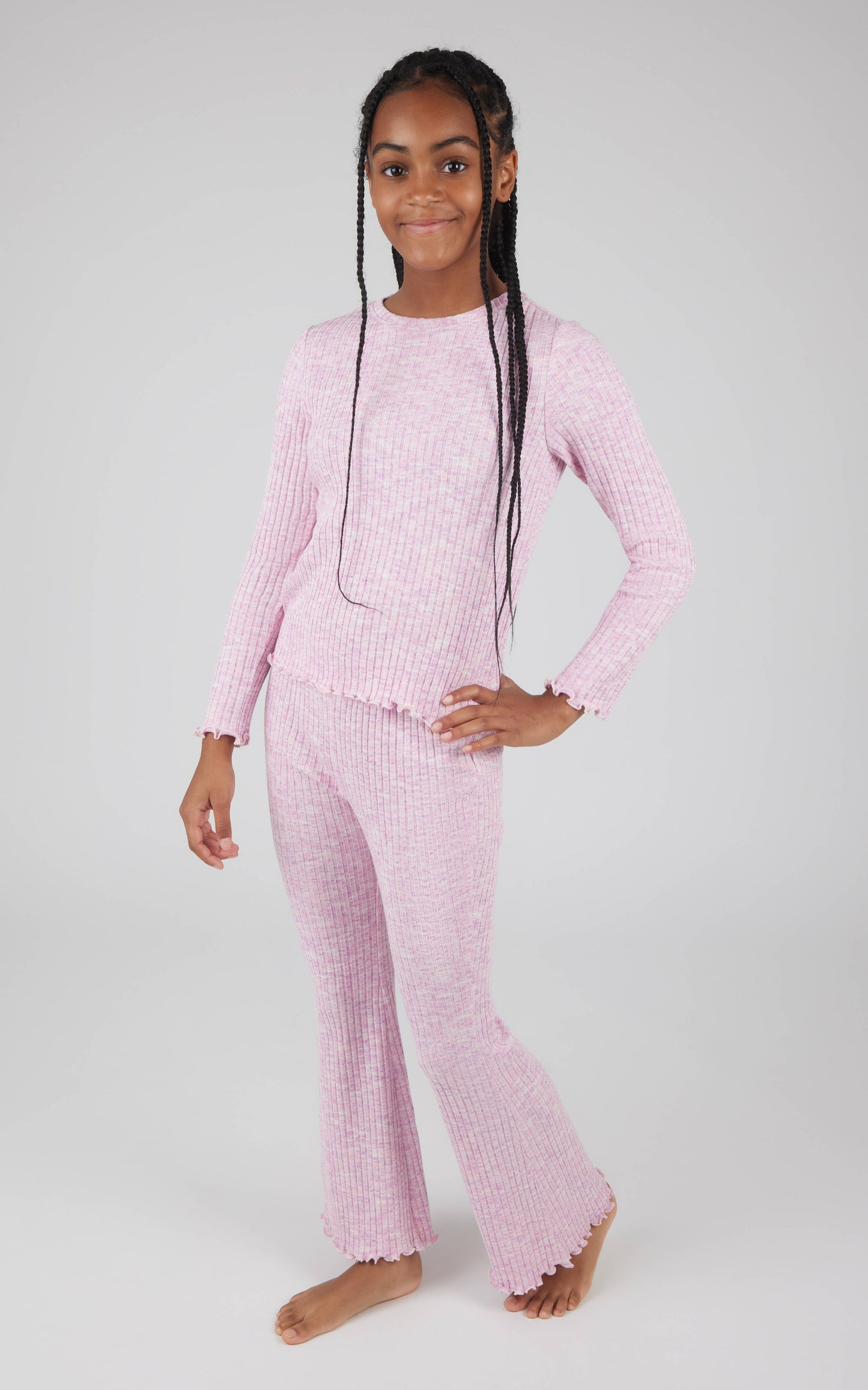 90 Degree by Reflex - Girls Rib Knit Lettuce Edge Top and Flare Pant - Set : PINK FROSTING/FUCHSIA PINK/SUPER PINK/WHITE